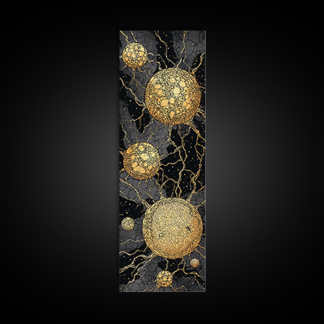 Cracked Golden Spheres With Marble Veins, Framed Canvas Print, Abstract Wall Art, Black And Gold Decor, Luxury Artwork For Home