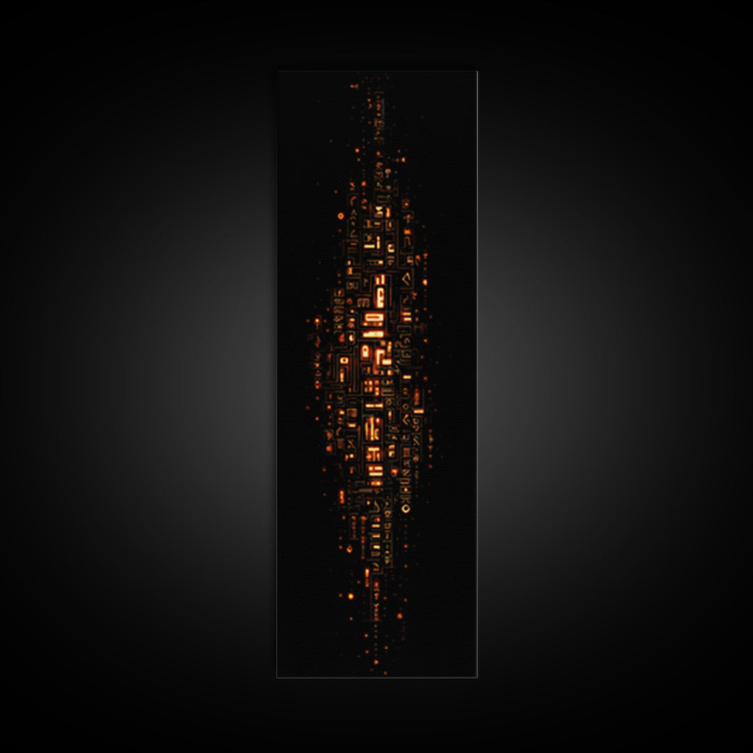 Glowing Futuristic Glyph Tower In Black Space, Canvas Print, Abstract Wall Art, Modern Office Decor, Unique Home Decor Gift