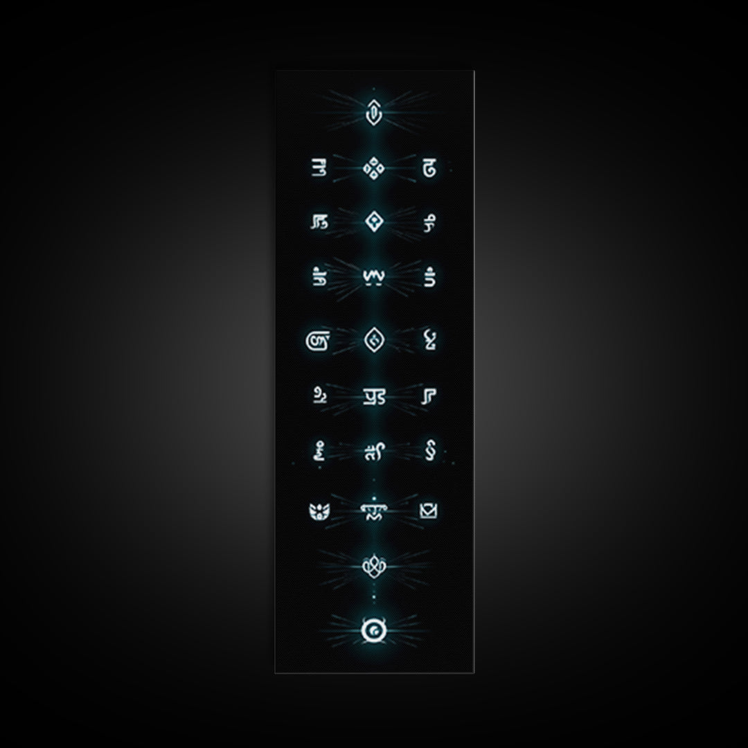 Glowing Cyan Mystic Glyphs Wall Art, Afrocentric Abstract Symbols, Spiritual Minimalist Black Decor, Modern Tribal Canvas Print
