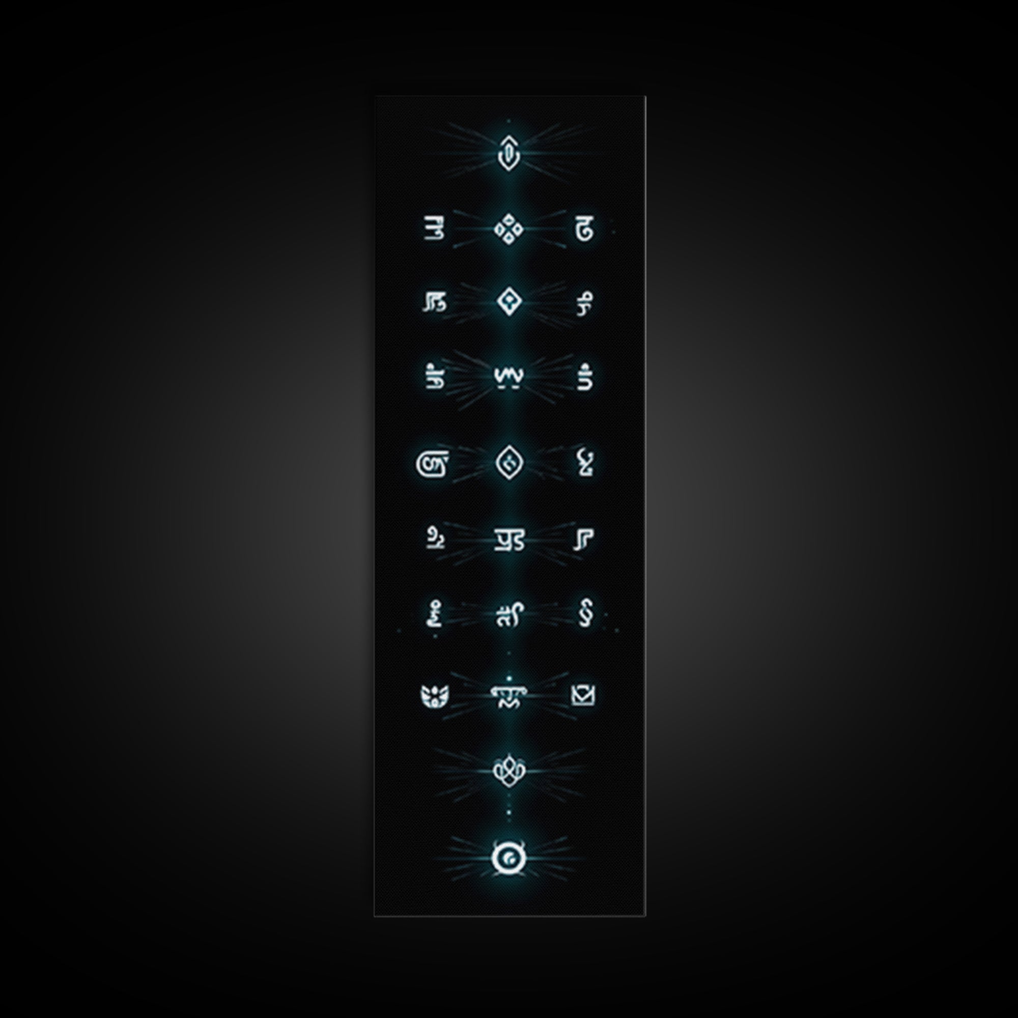 Glowing Cyan Mystic Glyphs Wall Art, Afrocentric Abstract Symbols, Spiritual Minimalist Black Decor, Modern Tribal Canvas Print