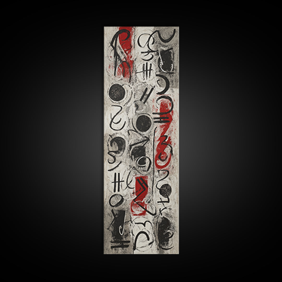 Red Black Abstract Glyphs Canvas Print, African Inspired Symbols, Modern Tribal Wall Decor, Bold Contemporary Art For Living Room