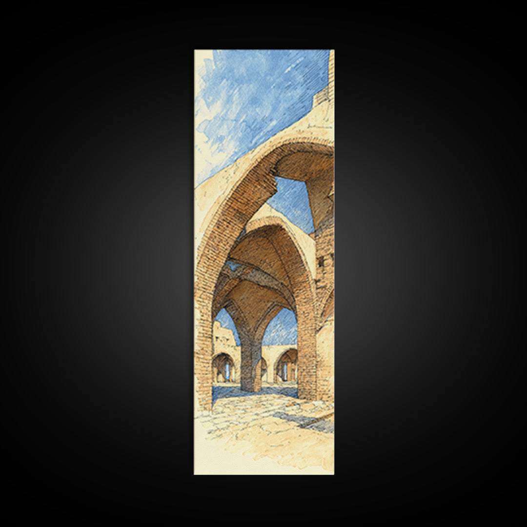 Sunlit Stone Arches Canvas Print, Morocco Africa Architecture Wall Art, Blue Beige Travel Decor, Bohemian Home Art For Living Rooms