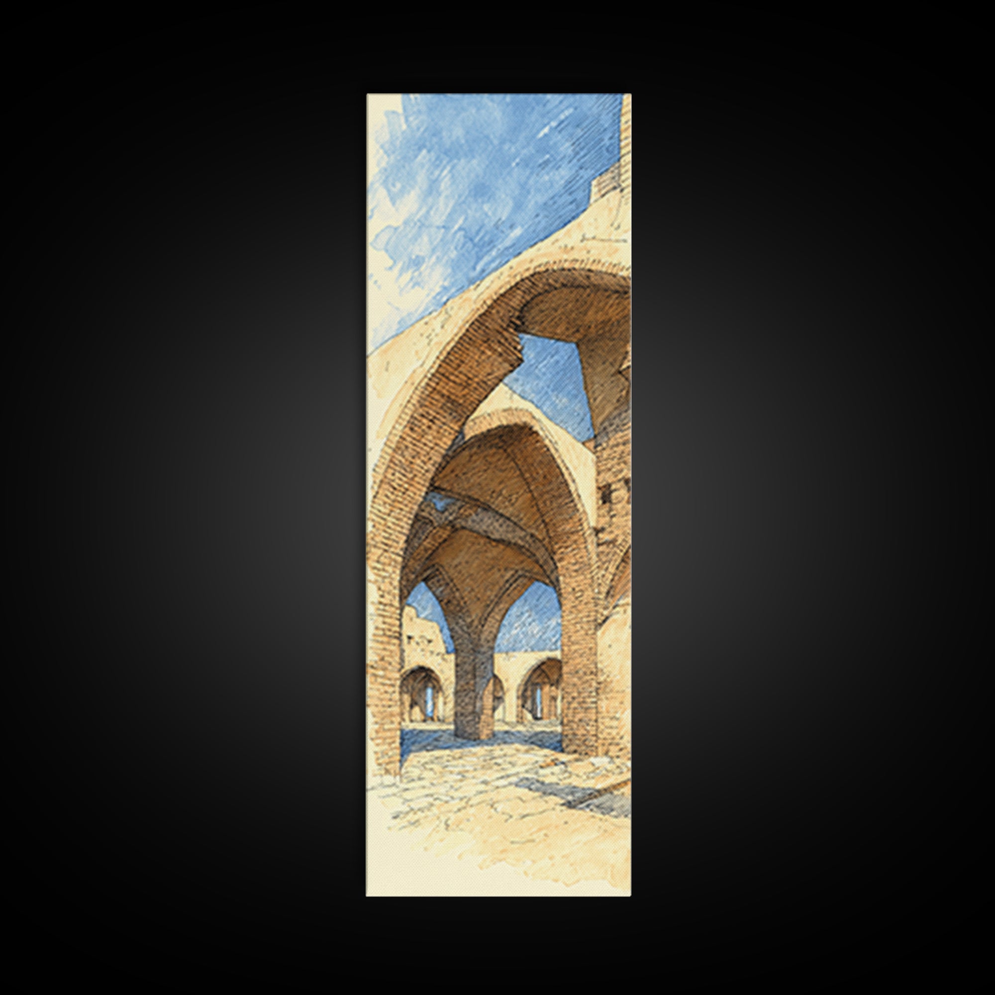 Sunlit Stone Arches Canvas Print, Morocco Africa Architecture Wall Art, Blue Beige Travel Decor, Bohemian Home Art For Living Rooms