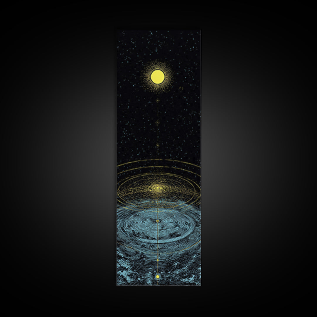Golden Moon Over Cosmic Water Wall Art, Spiritual Celestial Abstract, Meditation Room Decor, Modern Black Canvas Print Gift