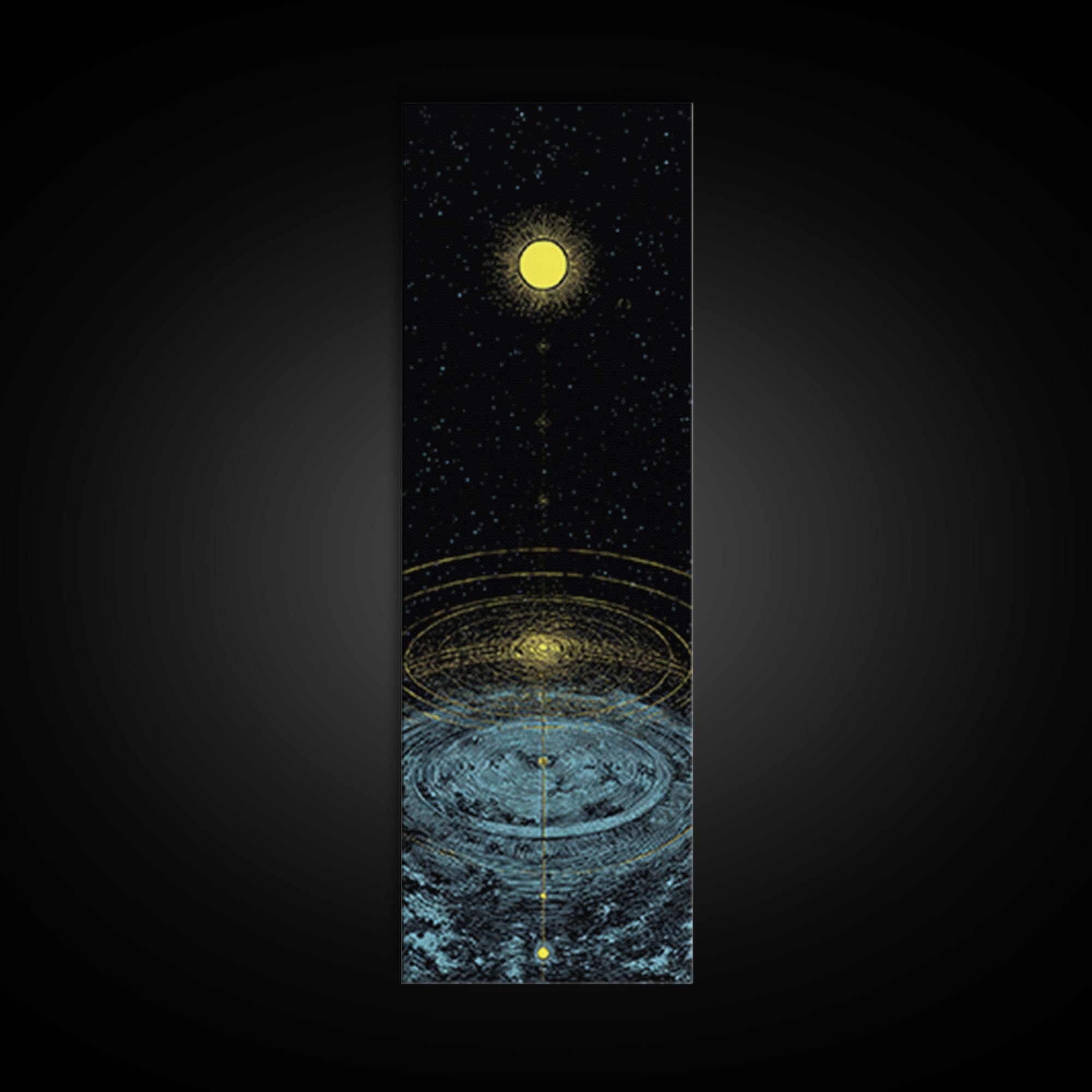 Golden Moon Over Cosmic Water Wall Art, Spiritual Celestial Abstract, Meditation Room Decor, Modern Black Canvas Print Gift