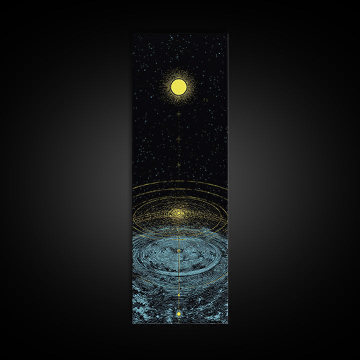 Golden Moon Over Cosmic Water Wall Art, Spiritual Celestial Abstract, Meditation Room Decor, Modern Black Canvas Print Gift