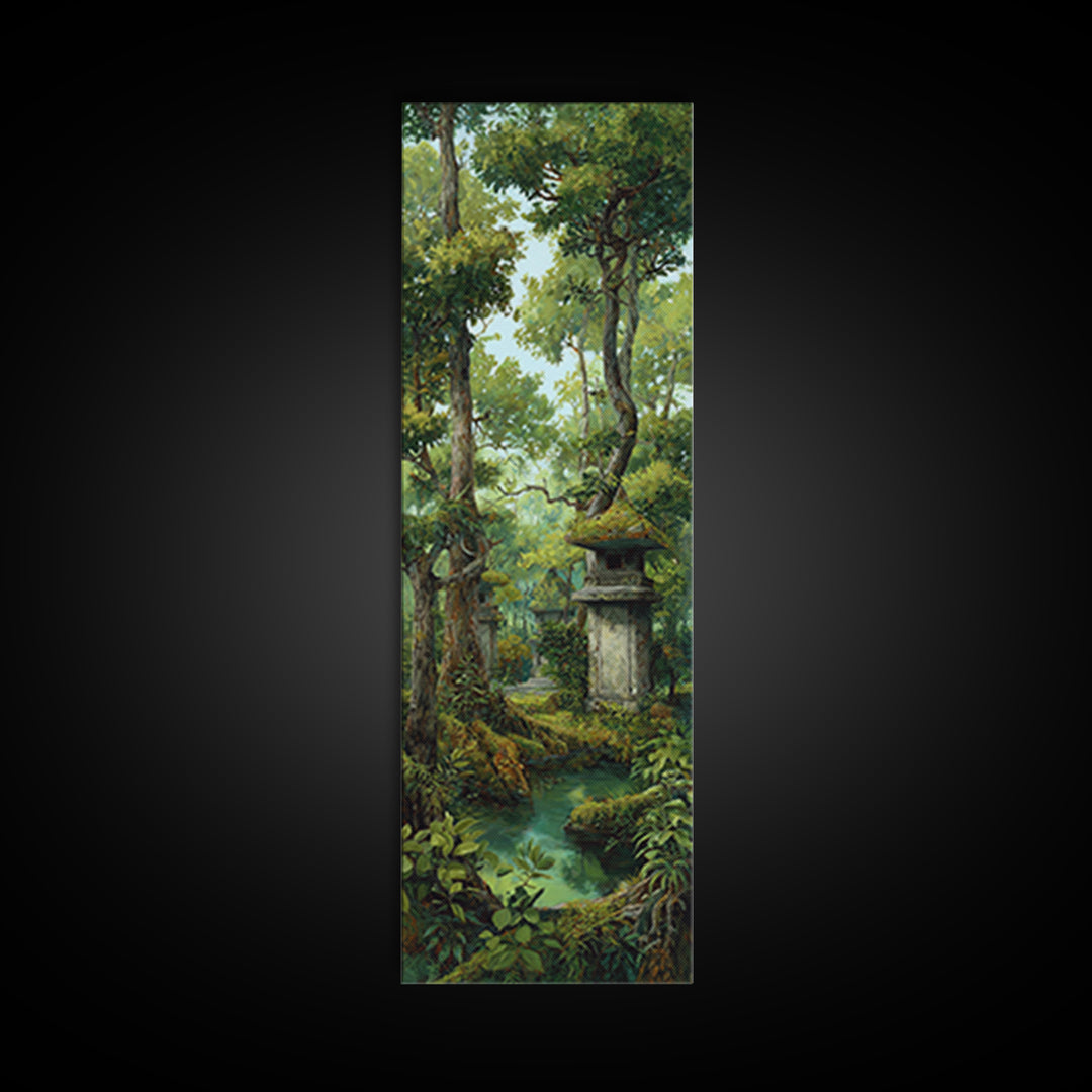 Ancient Jungle Shrine And Emerald Stream Wall Art, Mystical Forest Landscape, Nature Scene, Green Botanical Home Decor Print