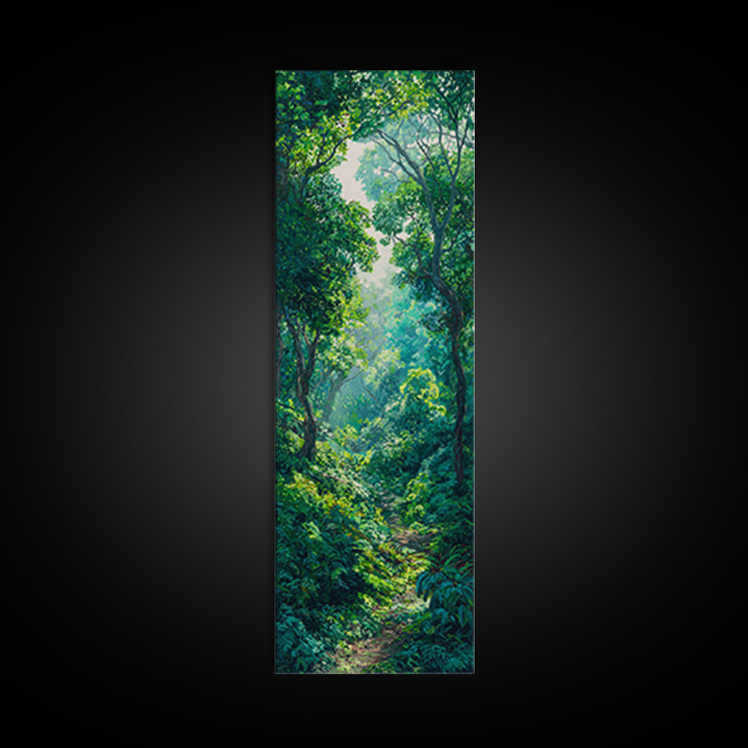 Sunlit Rainforest Path With Lush Green Leaves Framed Canvas Print, Jungle Decor, Nature Scene, Dreamy Wall Art Gift For Living Room