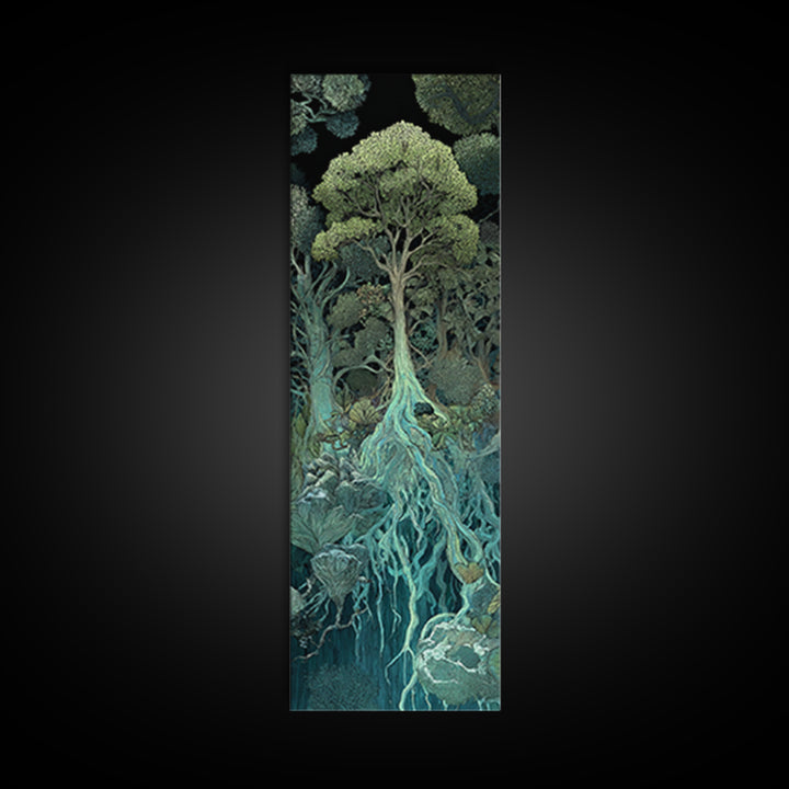 Glowing Root Tree In Dark Enchanted Forest Canvas Print, Mystical Wall Art, Spiritual Nature Decor, Surreal Botanical Home