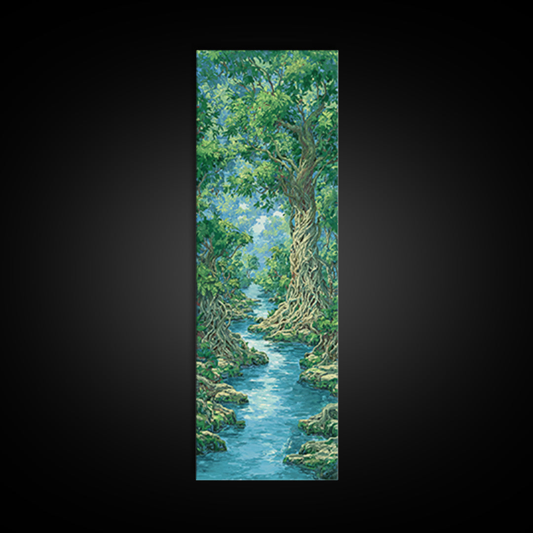 Ancient Tree River Path Through Emerald Forest Wall Art, Nature Scene, Green Landscape, Dreamy Jungle Decor For Home Print