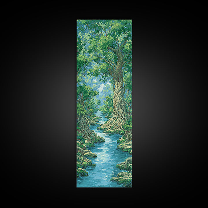 Ancient Tree River Path Through Emerald Forest Wall Art, Nature Scene, Green Landscape, Dreamy Jungle Decor For Home Print