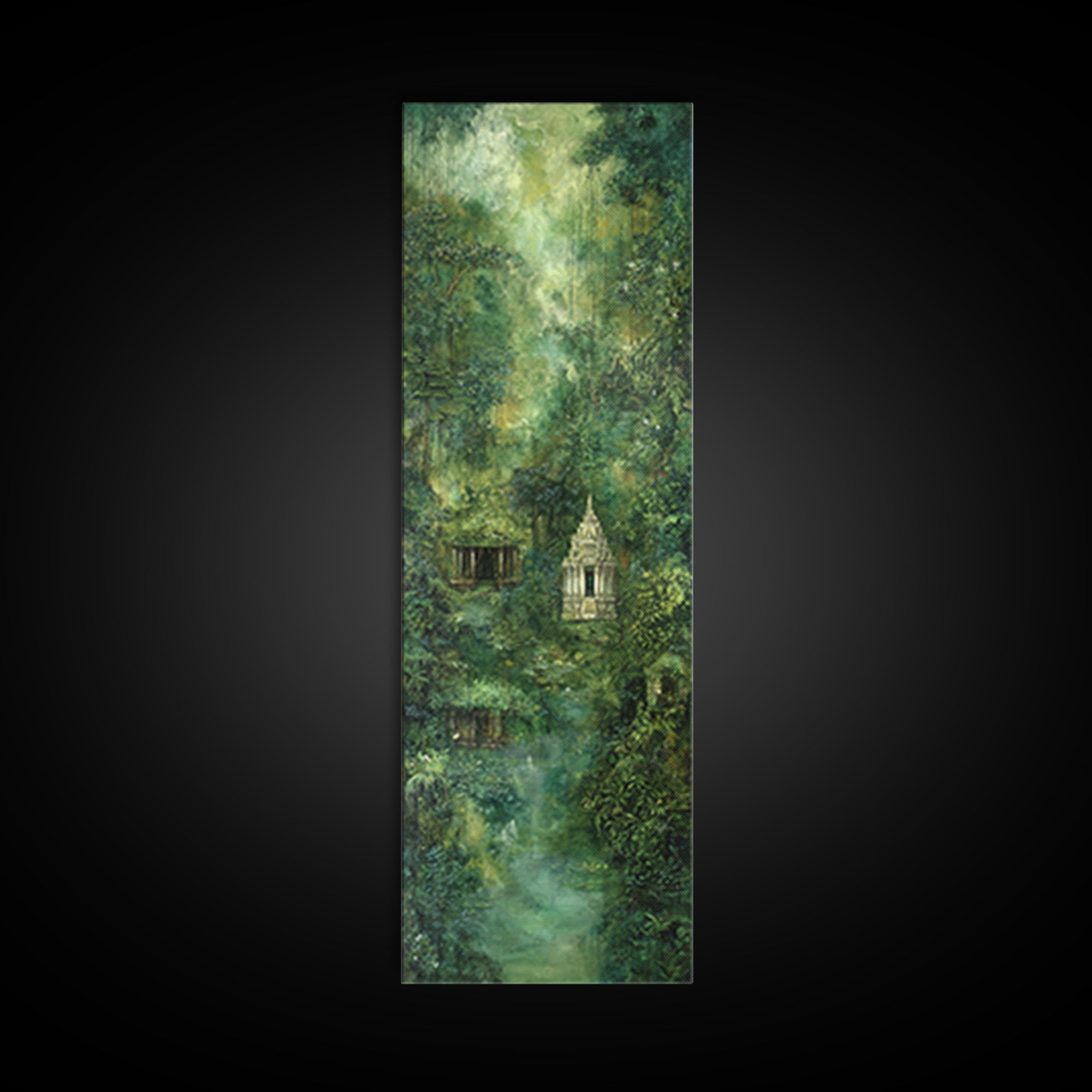 Misty Rainforest Temple With Hanging Vines Wall Art, Ancient Jungle Shrine, Spiritual Nature Scene, Green Home Decor Print