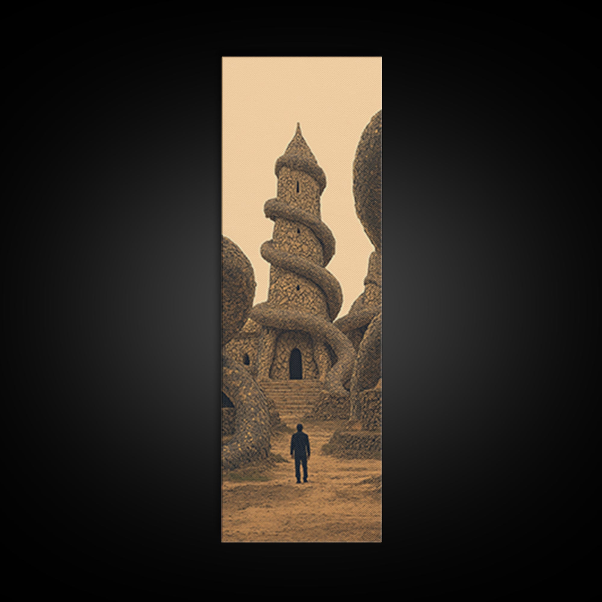 Surreal Sand Castle Tower With Lone Traveler Wall Art, Fantasy Architecture Print, Earth Tone Decor, Statement Piece Gift