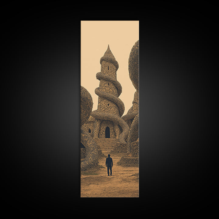 Surreal Sand Castle Tower With Lone Traveler Wall Art, Fantasy Architecture Print, Earth Tone Decor, Statement Piece Gift