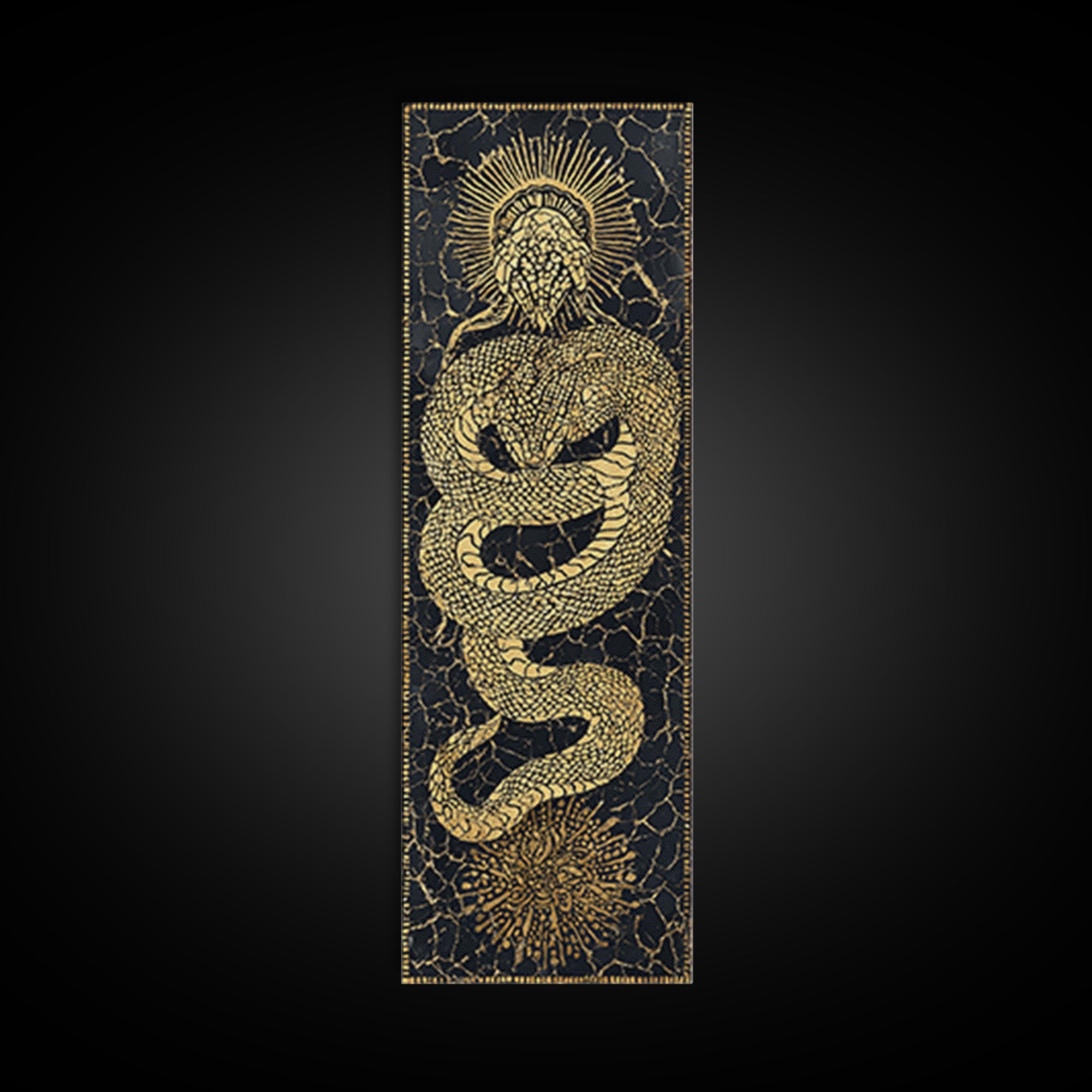 Golden Serpent Sun Mosaic On Black Canvas Print, Spiritual Wall Art, Mystical Snake Decor, Bold Statement Gift For Home Decor