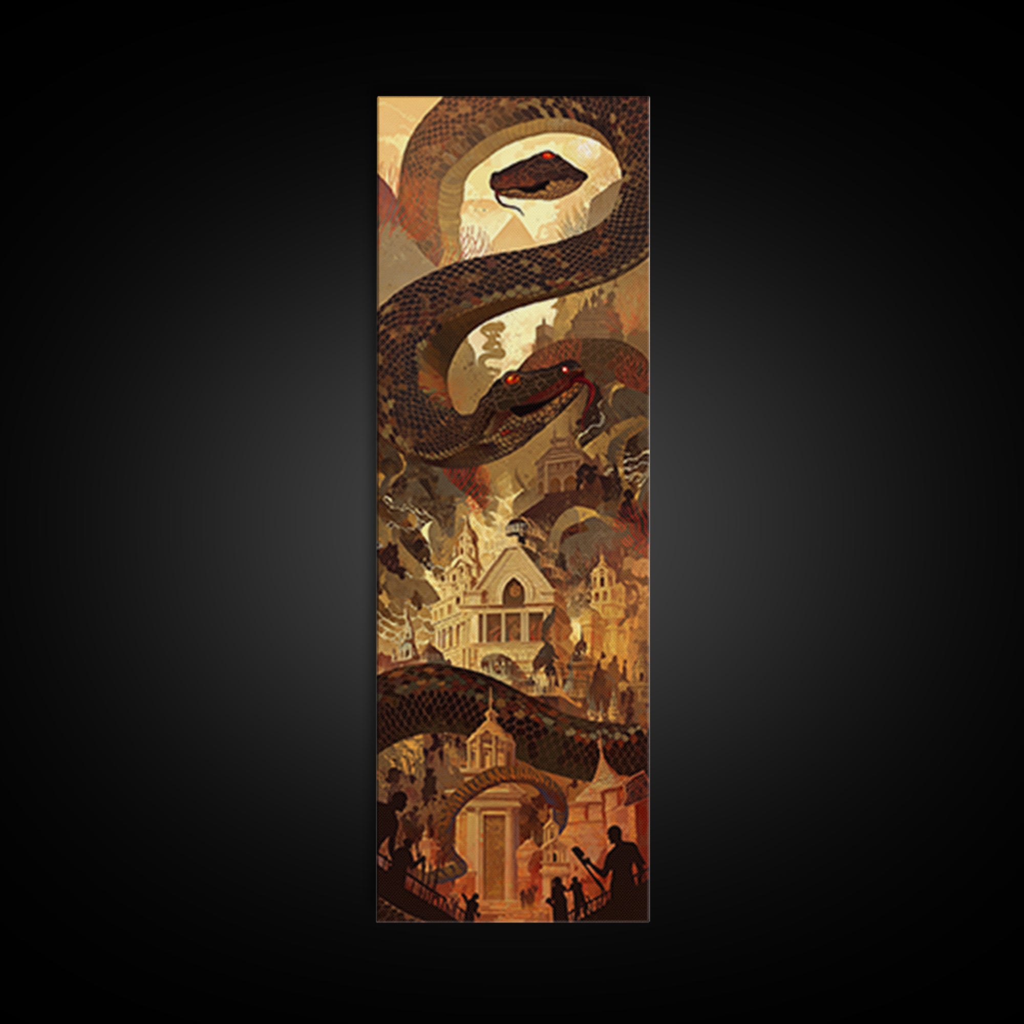 Giant Serpent Over Golden Fantasy City Wall Art, Mystical Statement Decor, Dark Academia Large Canvas Artwork For Living Room