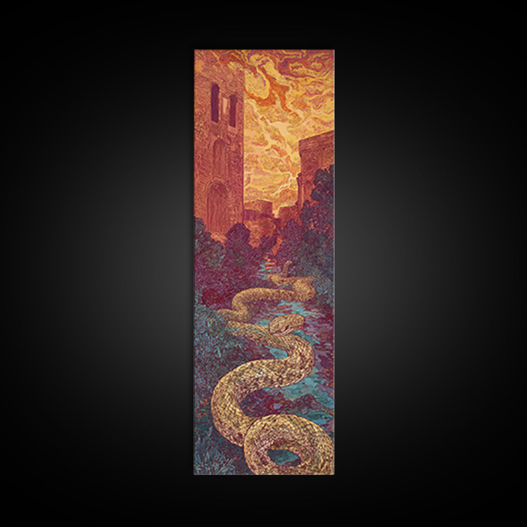 Golden Serpent Through Cathedral Garden Wall Art, Mystical Landscape Decor, Fantasy City Large Canvas Artwork For Home Gift