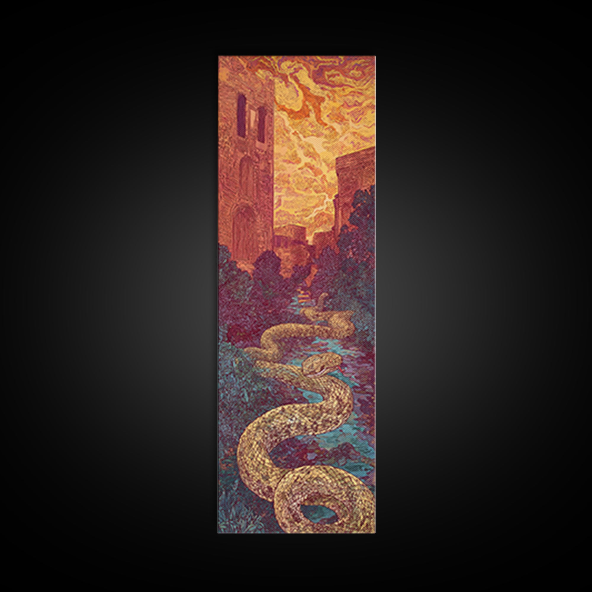 Golden Serpent Through Cathedral Garden Wall Art, Mystical Landscape Decor, Fantasy City Large Canvas Artwork For Home Gift