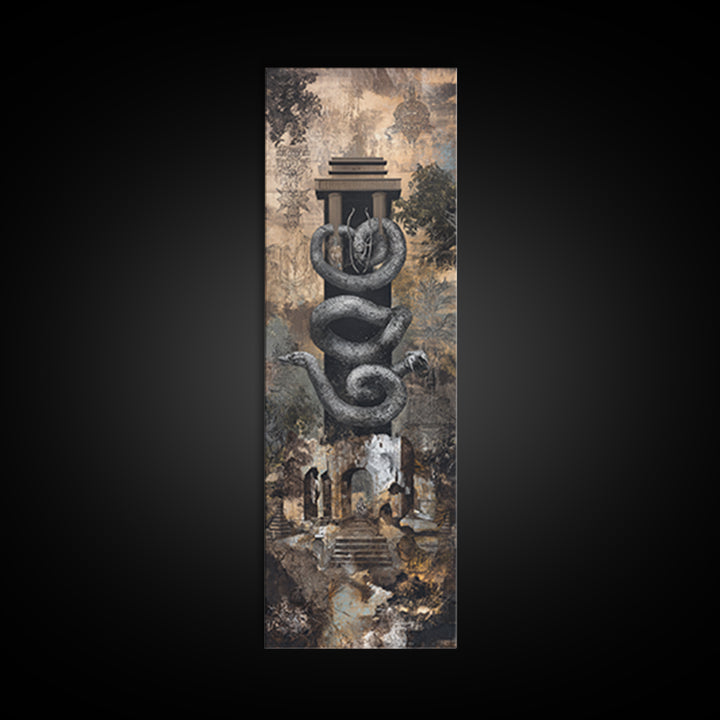 Black Serpent Coiled Around Ancient Monument Framed Canvas Print, Mystical Wall Art, Gothic Ruins Decor For Living Room Gift