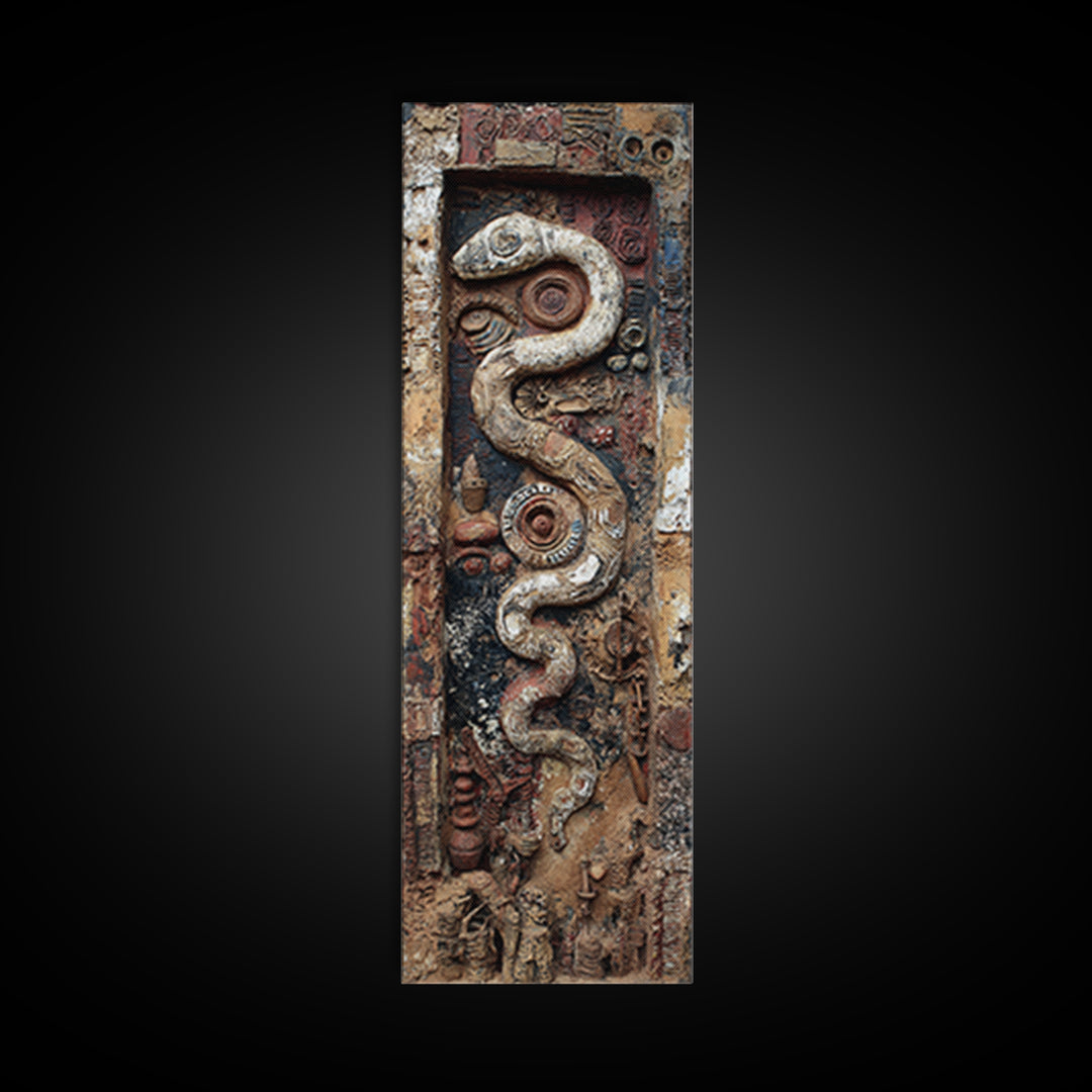 Ancient Serpent Relief On Weathered Door Wall Art, Textured Abstract Decor, Tribal Inspired Canvas Artwork For Home Entryway