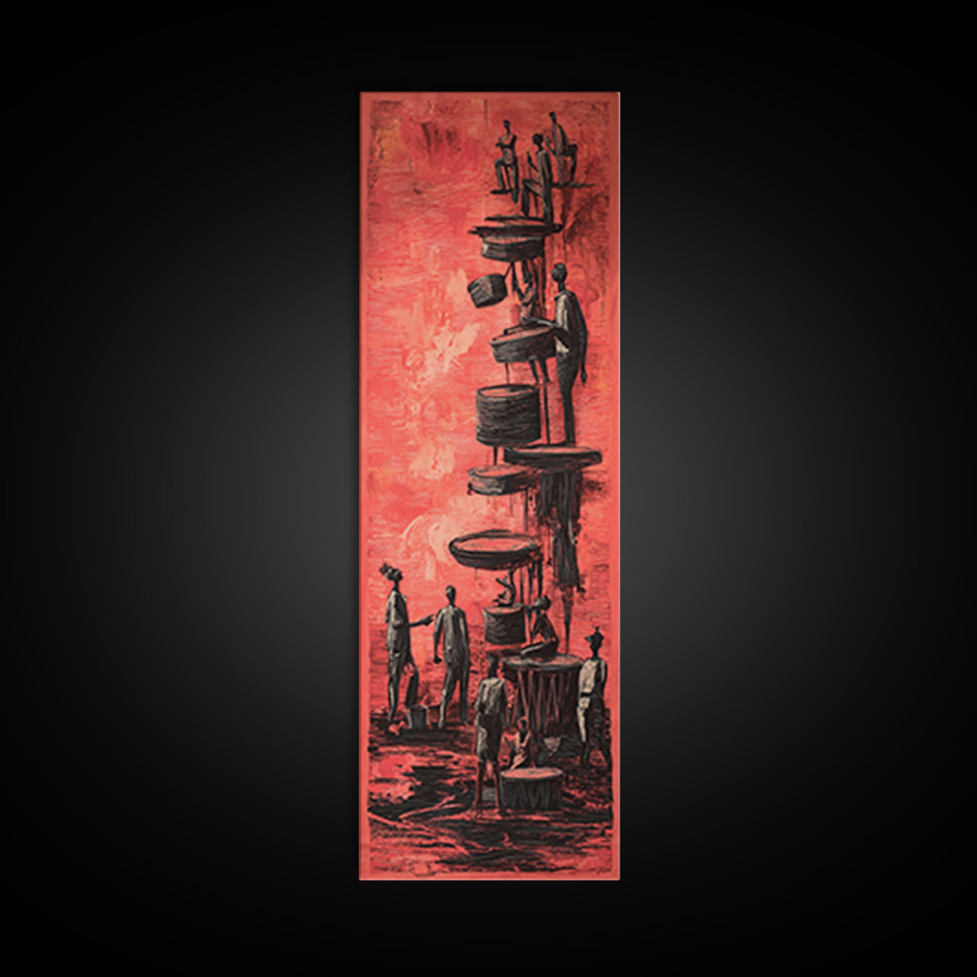 Red Surreal Figures Climbing Stacked Paths Wall Art, African Abstract Story Print, Modern Black Culture Decor Canvas For Office