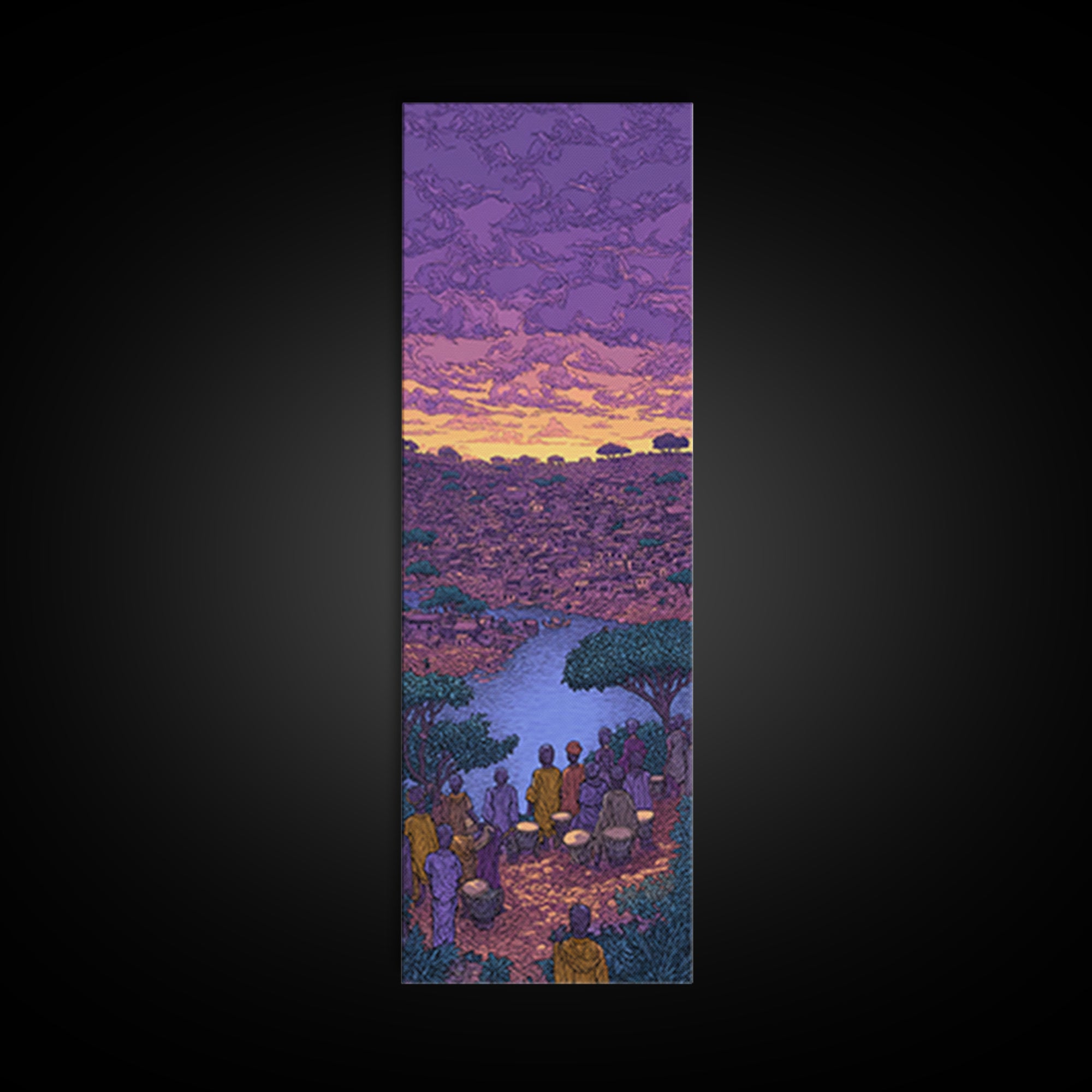 Purple African River City Sunset Wall Art, African Landscape Painting Print, Cultural Home Decor Canvas For Living Room Gift