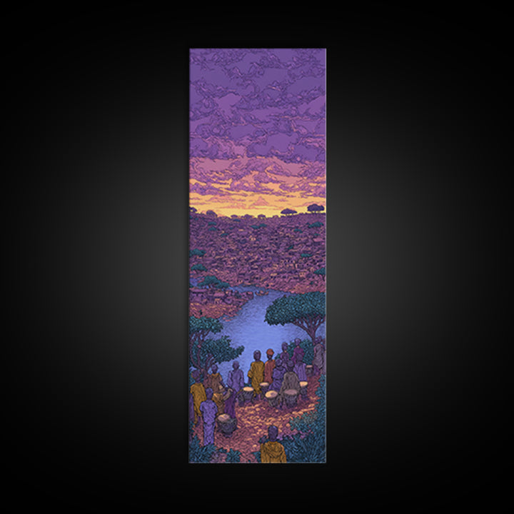 Purple African River City Sunset Wall Art, African Landscape Painting Print, Cultural Home Decor Canvas For Living Room Gift