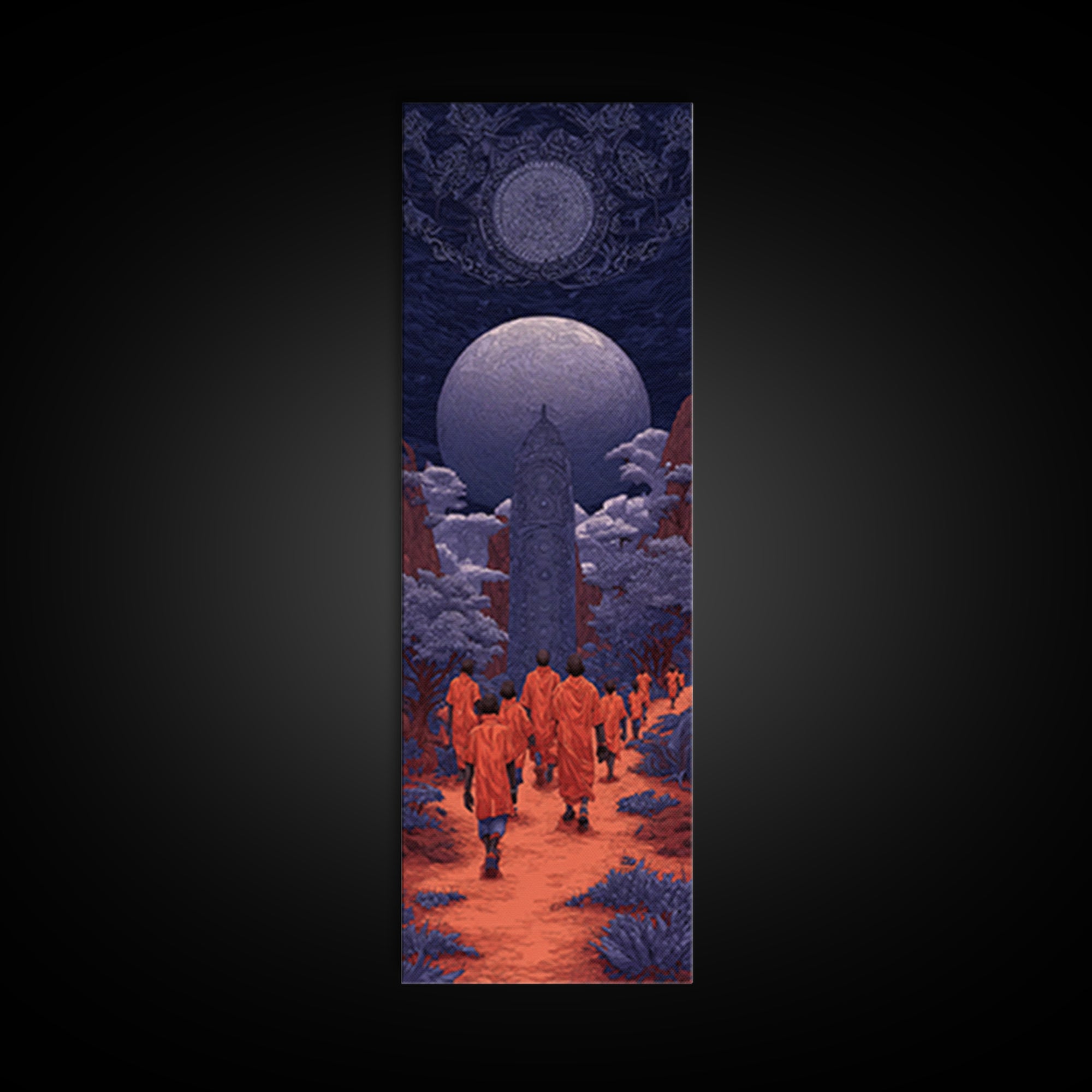 Orange Robed Pilgrims Beneath Twin Moons, African Wall Art, Afrocentric Decor, Mystical Landscape, Cultural Home Decor Gift