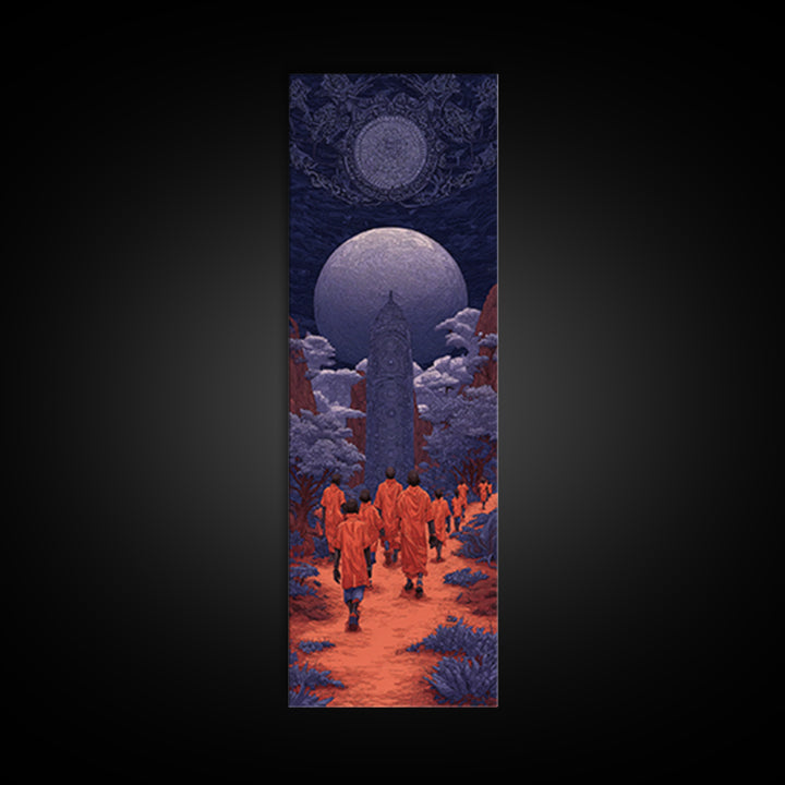 Orange Robed Pilgrims Beneath Twin Moons, African Wall Art, Afrocentric Decor, Mystical Landscape, Cultural Home Decor Gift