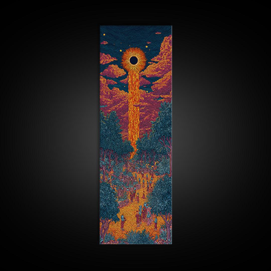 Solar Eclipse Portal Over Neon Forest, Framed Canvas Print, Mystical Wall Art, Afrocentric Decor, Vibrant Statement Piece