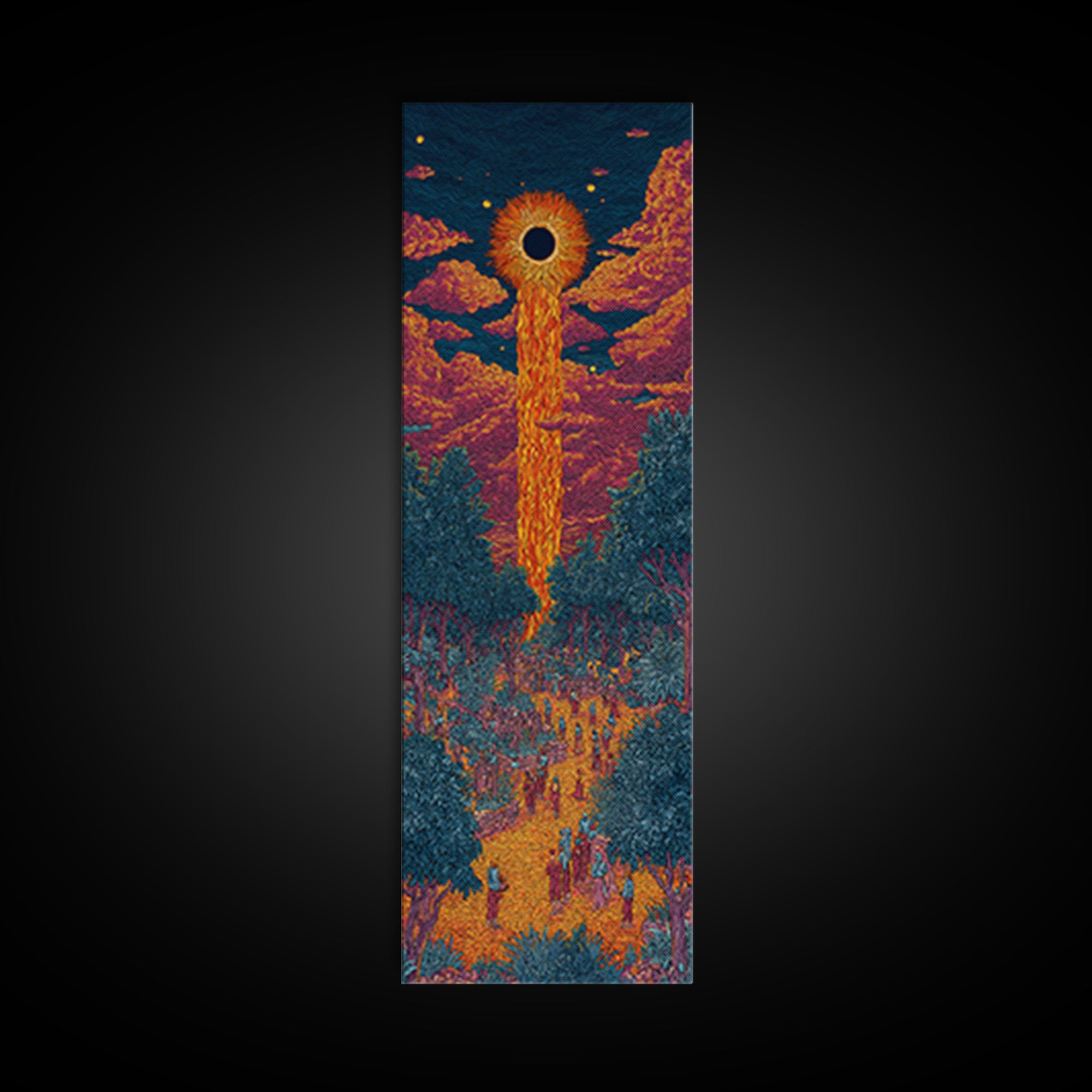 Solar Eclipse Portal Over Neon Forest, Framed Canvas Print, Mystical Wall Art, Afrocentric Decor, Vibrant Statement Piece