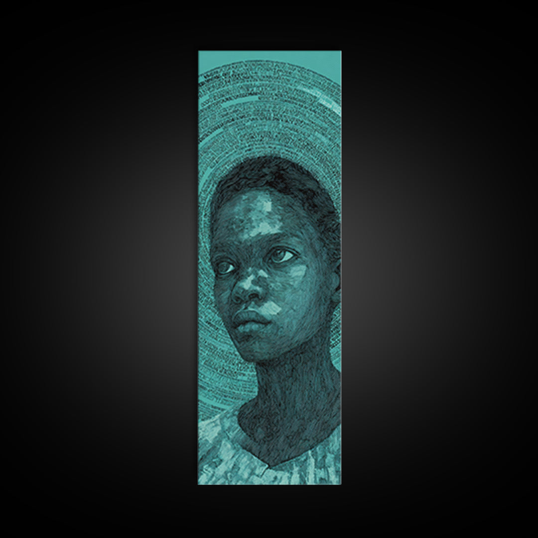 Teal Black Child Portrait With Halo Lines, Wall Art, Black Girl Art, Afrocentric Decor, Feminine Home Decor Gift For Her