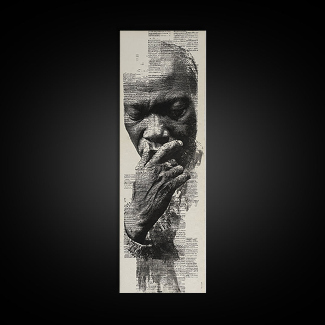 Contemplative Black Man Portrait In Text, Framed Canvas Print, Black Wall Art, Afrocentric Decor, Thoughtful Gift For Him