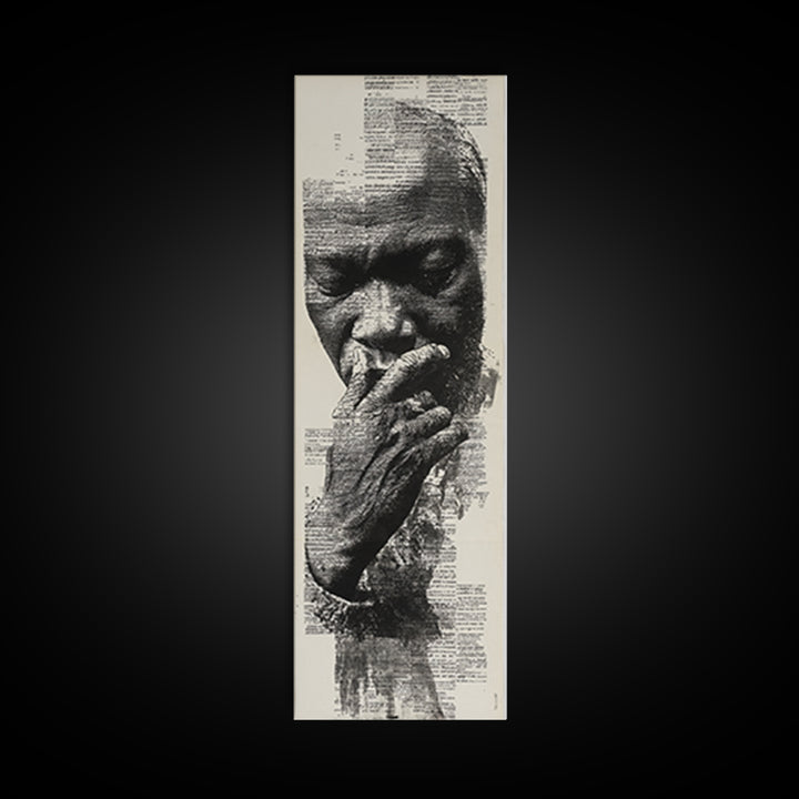 Contemplative Black Man Portrait In Text, Framed Canvas Print, Black Wall Art, Afrocentric Decor, Thoughtful Gift For Him