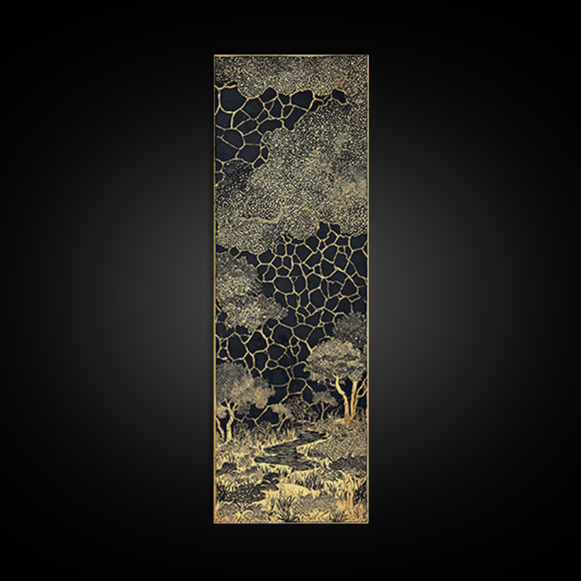 Gold Acacia Trees In Cracked Night Landscape Canvas Print, African Wall Art, Black And Gold Tribal Decor, Luxury Home Accent