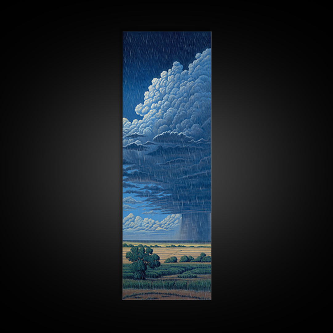 Blue Rainstorm Over African Plains Framed Canvas Print, Dramatic Cloud Wall Art, Nature Scene Decor, Unique Landscape Gift