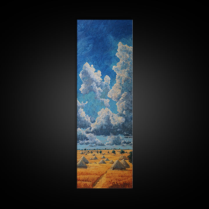 Golden Savanna Huts Under Towering Blue Clouds Canvas Print, African Landscape Wall Decor, Safari Art For Living Room Decor Gift