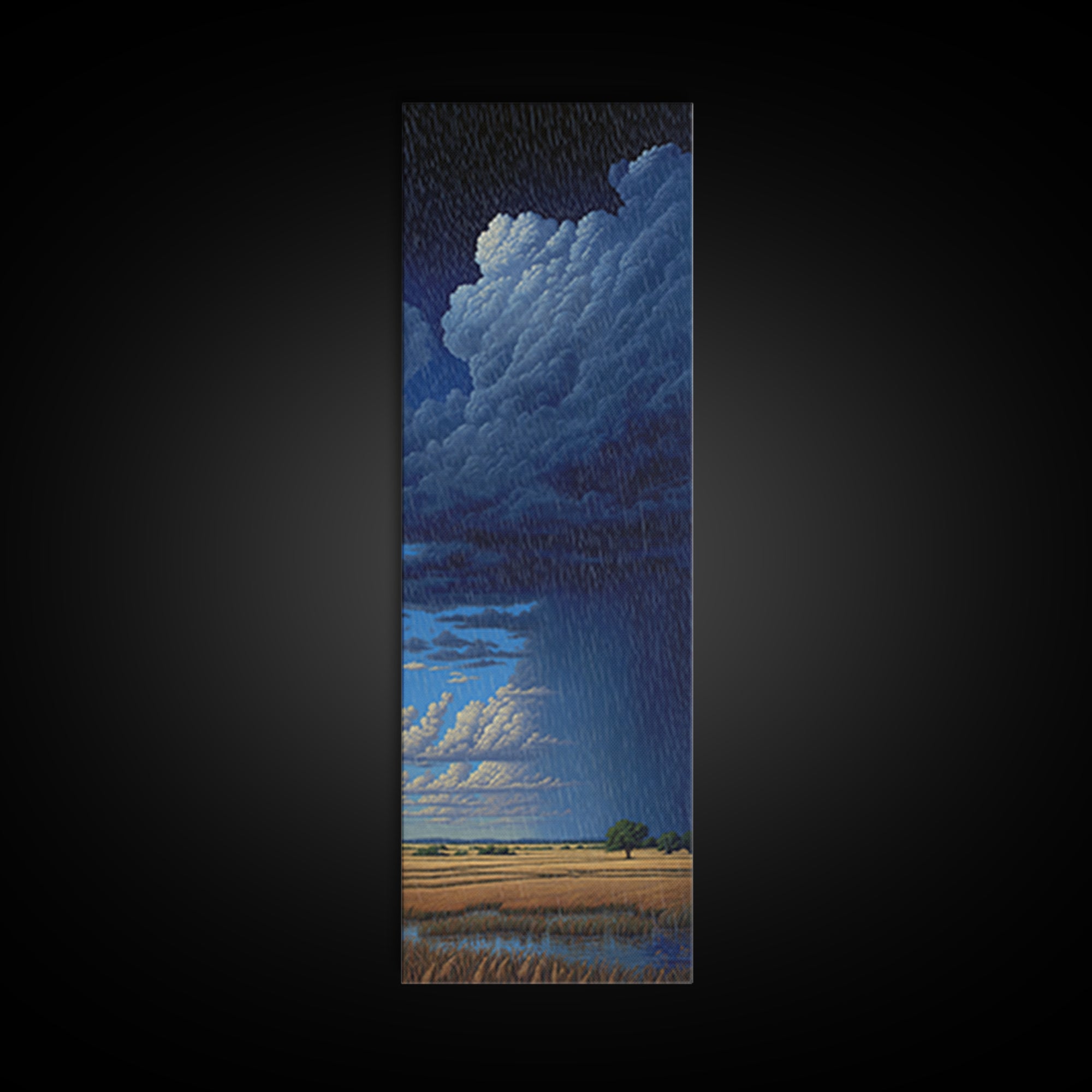 Night Rainstorm Over Wide Golden Plains Wall Art, African Landscape Print, Moody Storm Decor, Blue Safari Canvas Gift For Home