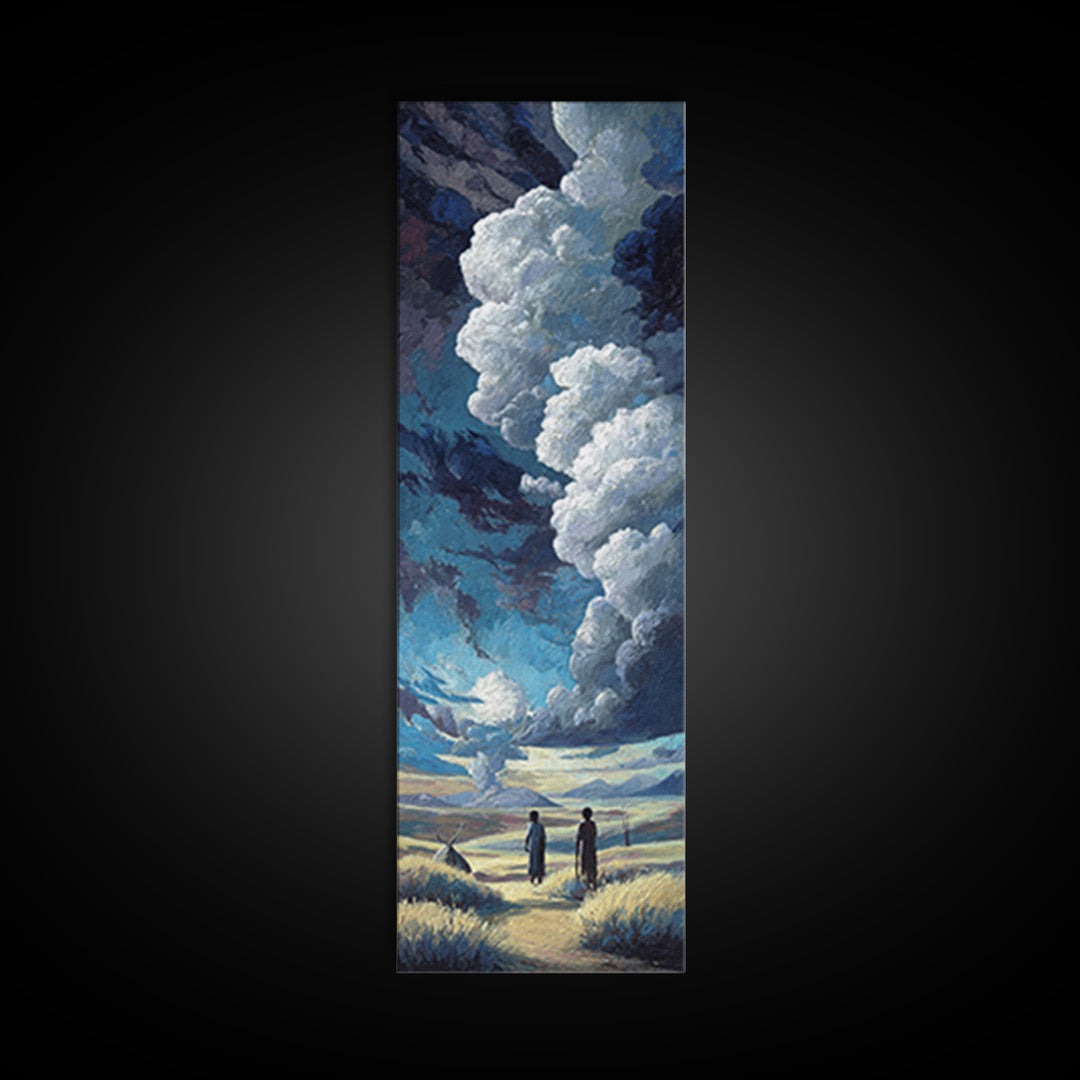 Two Figures Beneath Dramatic Storm Clouds Canvas Print, African Landscape Wall Art, Moody Blue Safari Decor For Home Gift