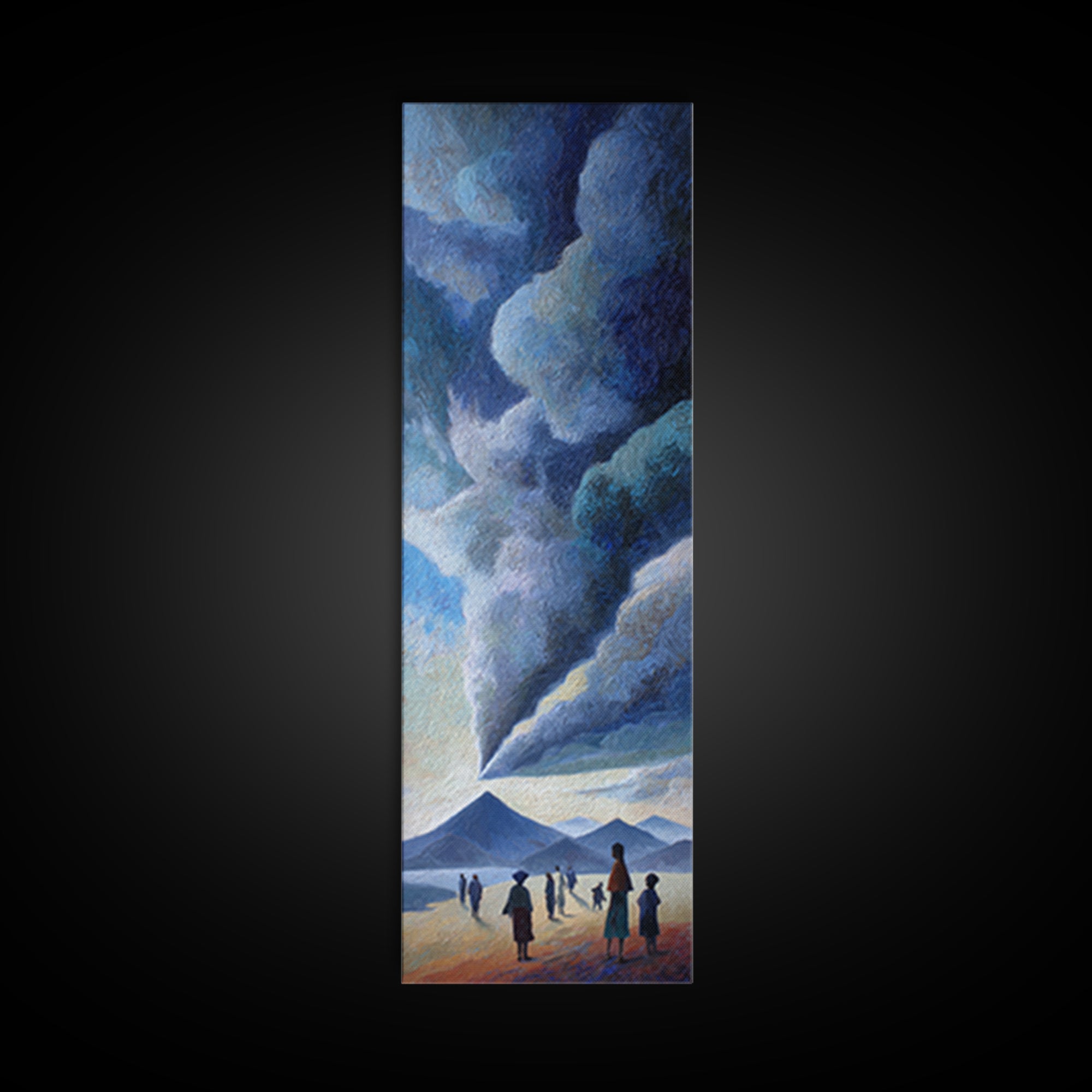 Figures Facing A Whirling Cloud Plume Canvas Print, African Landscape Wall Art, Volcano Sky, Mystical Safari Decor Gift For Home