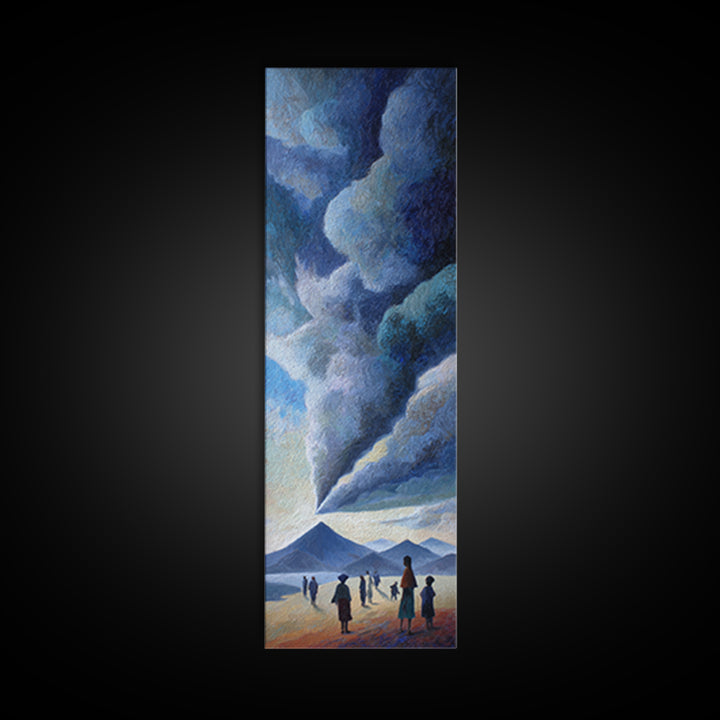 Figures Facing A Whirling Cloud Plume Canvas Print, African Landscape Wall Art, Volcano Sky, Mystical Safari Decor Gift For Home