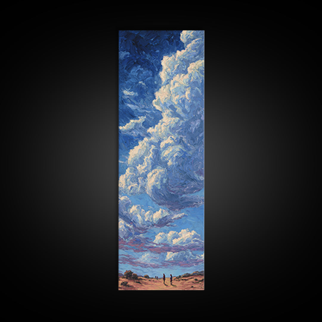 Desert Walkers Under Sculpted Blue Clouds Wall Art, African Landscape Canvas Print, Modern Safari Decor For Living Room Gift