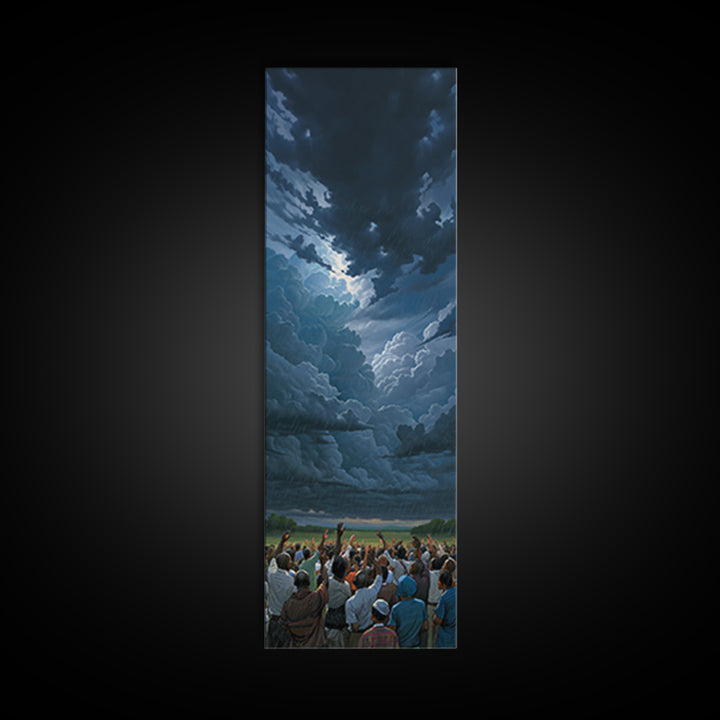 Dramatic Storm Clouds Over African Crowd Wall Art, Afrocentric Landscape Print, Black Culture Decor, Moody Sky Canvas Gift