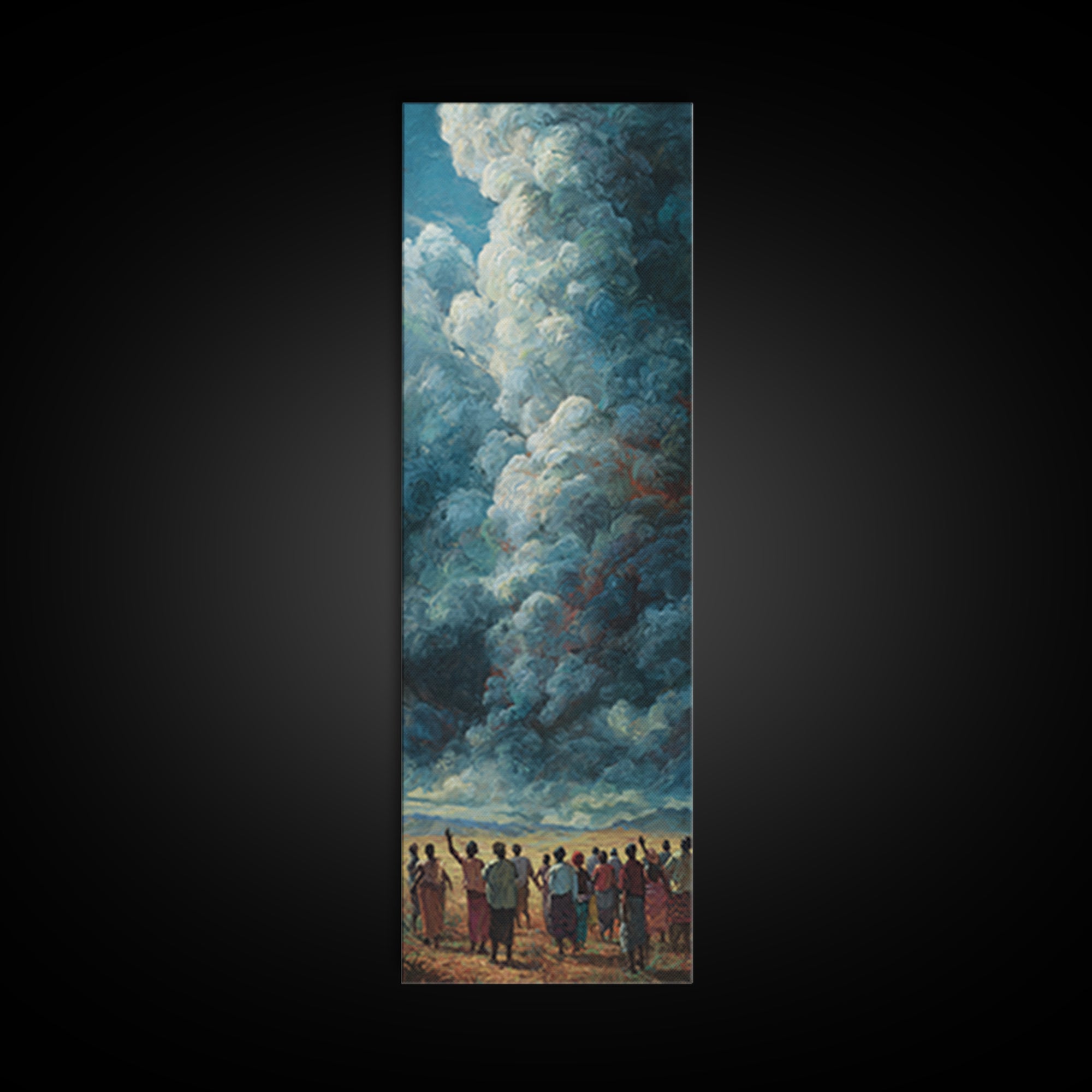 Towering Blue Clouds Above African Gathering Canvas Print, Afrocentric Wall Decor, Dramatic Sky Painting, Cultural Art Gift