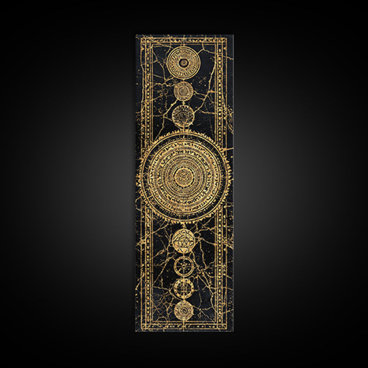 Gold Celestial Mandala Symbols On Black Canvas Print, African Abstract Wall Decor, Tribal Pattern Art, Luxe Mystic Home Gift