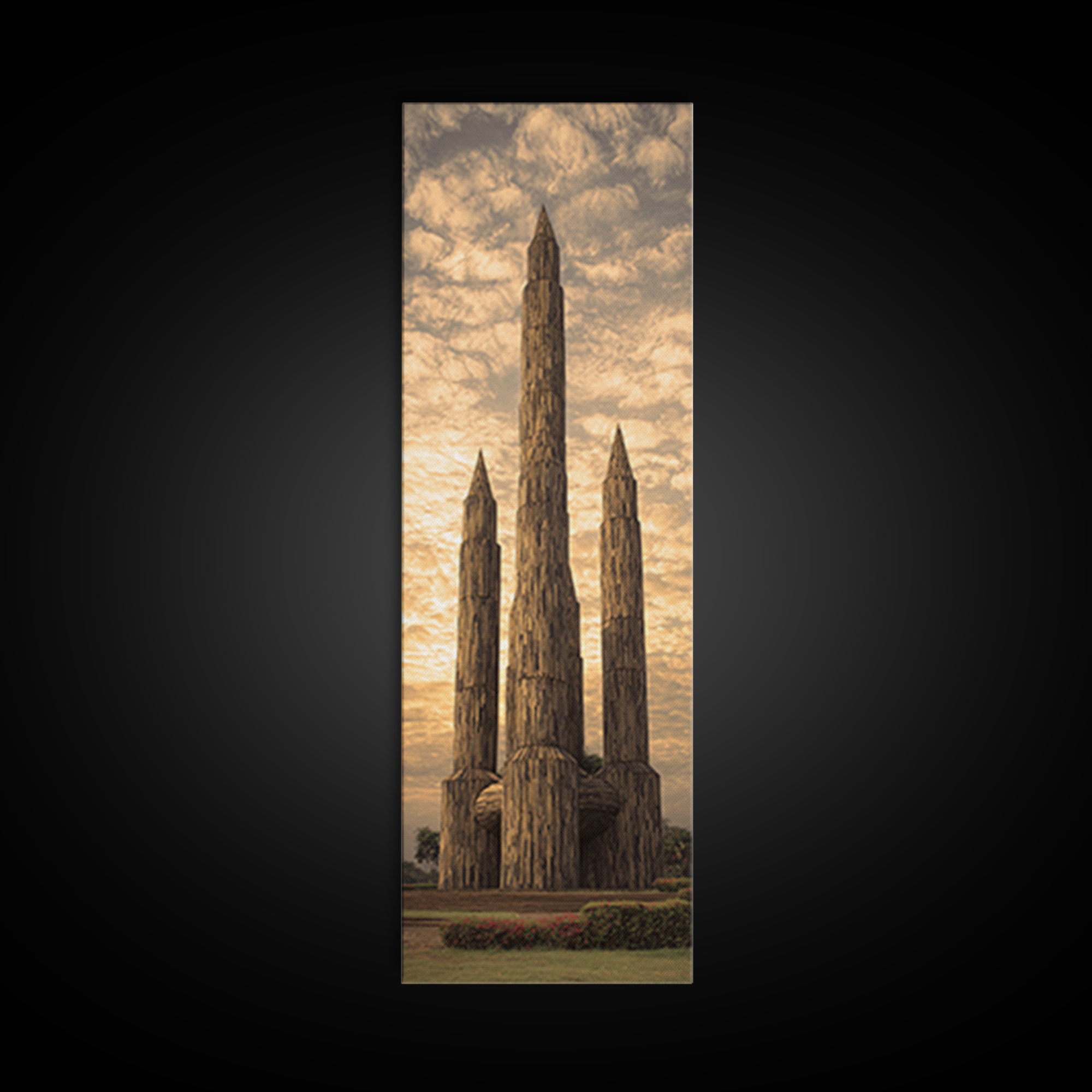 Tall Carved Wooden African Towers At Sunset Canvas Print, Tribal Architecture Wall Decor, Earth Tone Statement Art Gift For Home