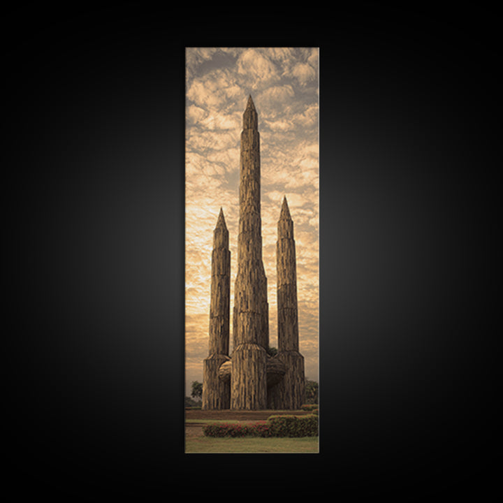 Tall Carved Wooden African Towers At Sunset Canvas Print, Tribal Architecture Wall Decor, Earth Tone Statement Art Gift For Home