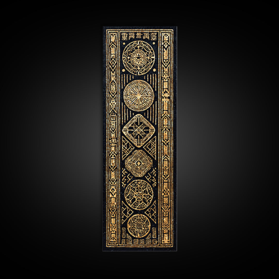 Gold Tribal Medallion Symbols On Black Framed Canvas Print, African Abstract Wall Decor, Mystic Pattern Art Gift For Home Decor
