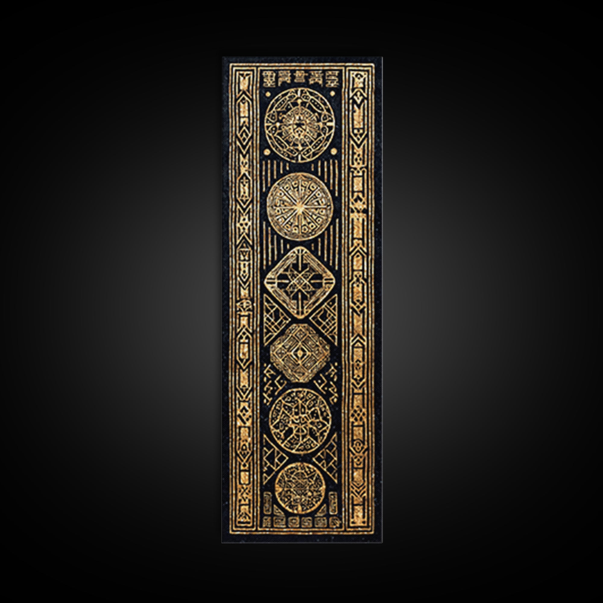 Gold Tribal Medallion Symbols On Black Framed Canvas Print, African Abstract Wall Decor, Mystic Pattern Art Gift For Home Decor