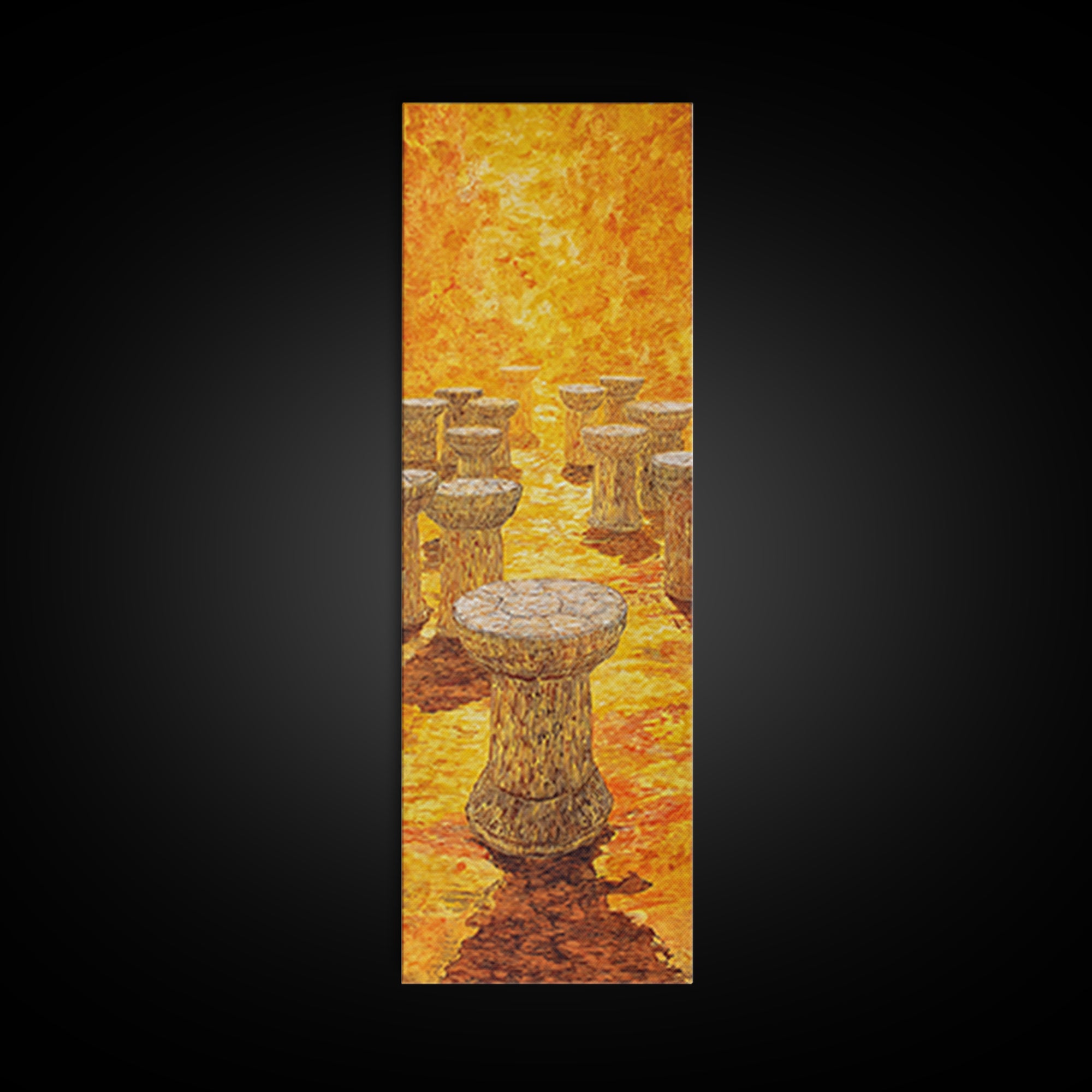 Golden African Stool Landscape Wall Art, Warm Orange Textured Painting, Unique Canvas Decor For Safari Inspired Home Decor